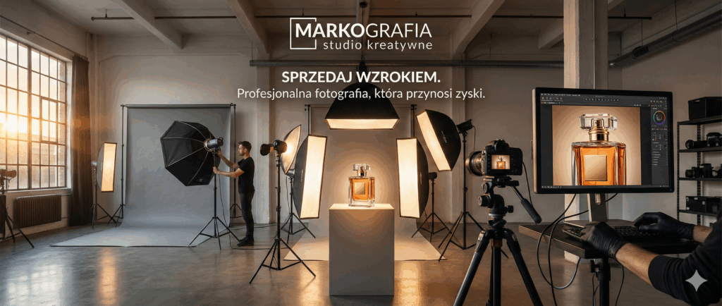 Profesjonalne studio fotograficzne Markografia. Sesja produktu premium (perfumy) oraz plan do fotografii wizerunkowej, z podglądem zdjęcia na monitorze.