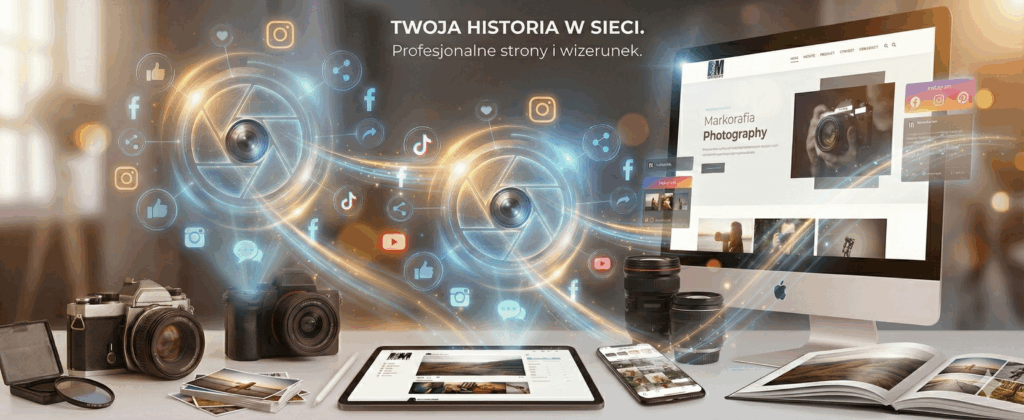 Grafika z logo Markografia przedstawiająca nowoczesną stronę internetową jako wirtualną bazę, która buduje autorytet i sprzedaje całą dobę.