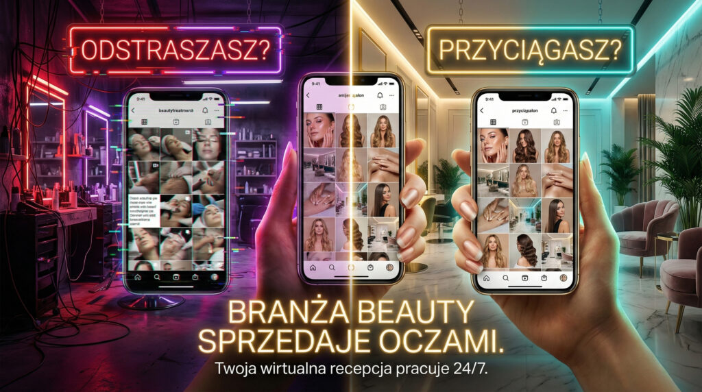 Grafika porównawcza dla branży beauty typu "przed i po" w kontekście social media. Po lewej stronie, w ciemnej, neonowej czerwieni, napis "ODSTRASZASZ?" oraz smartfon wyświetlający chaotyczny, nieestetyczny profil na Instagramie z błędami wizualnymi (glitch). Po prawej stronie, w jasnym, złotym świetle, napis "PRZYCIĄGASZ?" oraz smartfon z profesjonalnym, spójnym wizualnie feedem beauty prezentującym fryzury i makijaże. U dołu duży napis: "BRANŻA BEAUTY SPRZEDAJE OCZAMI. Twoja wirtualna recepcja pracuje 24/7."