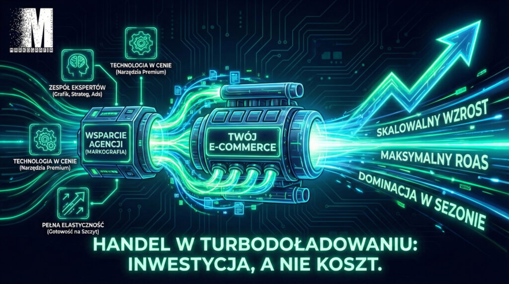 Neonowa infografika w stylu cyberpunk. Centralny silnik "Twój E-commerce" jest doładowywany przez moduł "Wsparcie Agencji (Markografia)", co generuje potężny strumień energii i rosnący wykres strzałkowy w górę. Główne hasło u dołu: "Handel w turbodoładowaniu: Inwestycja, a nie koszt.". W lewym górnym rogu logo Markografia.